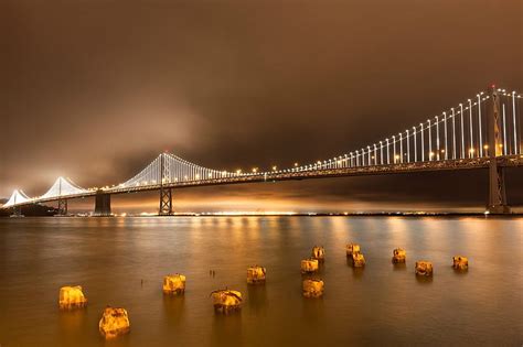 Foggy Night On Golden Gate Bridge San Francisco Landscape Bridge