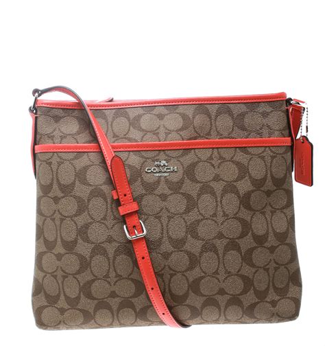 Coach Browncoral Orange Signature Canvas And Leather Swingpack File