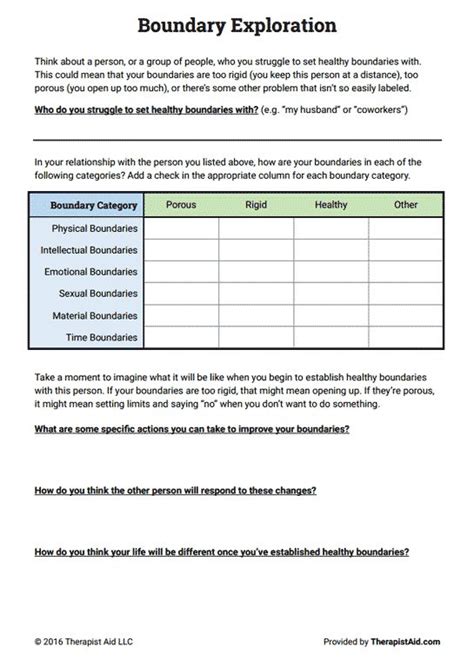 Boundaries Exploration Worksheet Therapist Aid Therapy Worksheets