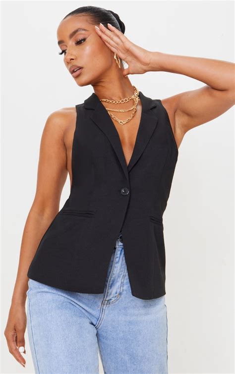 Black Woven Sleeveless Vest Detail Long Top Prettylittlething Usa