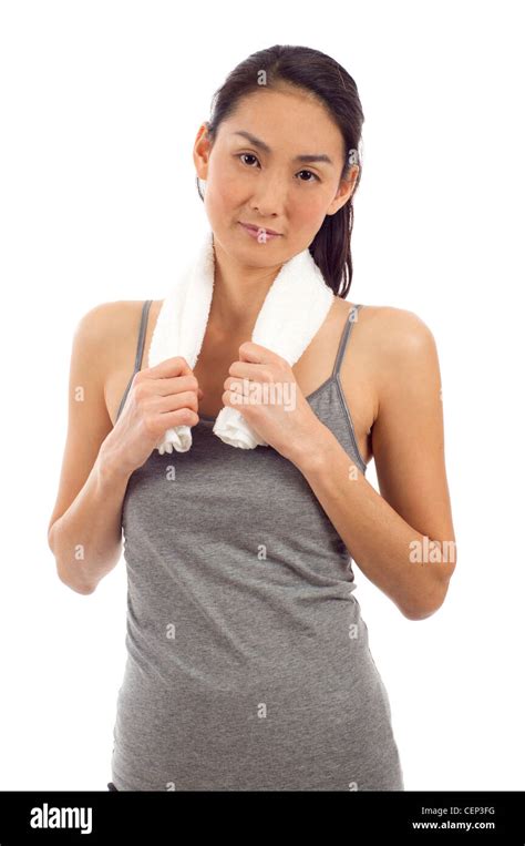 Fitness Young Asian Woman With Towel Around Her Neck Posing Isolated