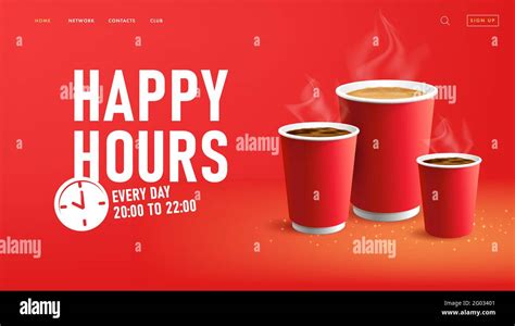 Happy Hours Web Banner For Coffee Shop With Paper Cups To Go Woth