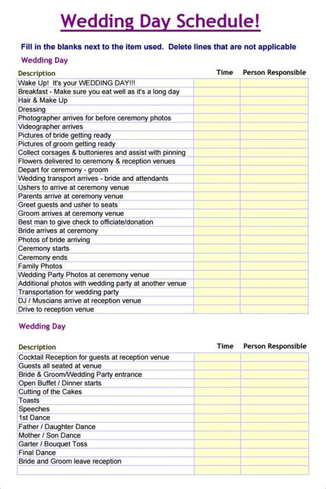 wedding schedule template   word excel  psd