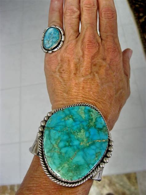 Rare Gem Grade Turquoise Mountain Cuff And Ring With Green Blue