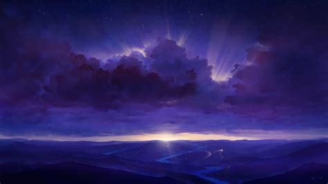 Wallpaper Bisbiswas Sunrise Sun Rays Mountains Stars Digital Art