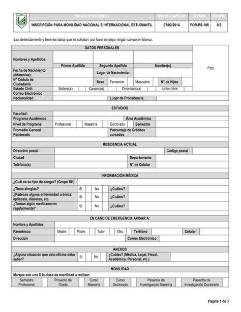 Formato Movilidad Estudiantil