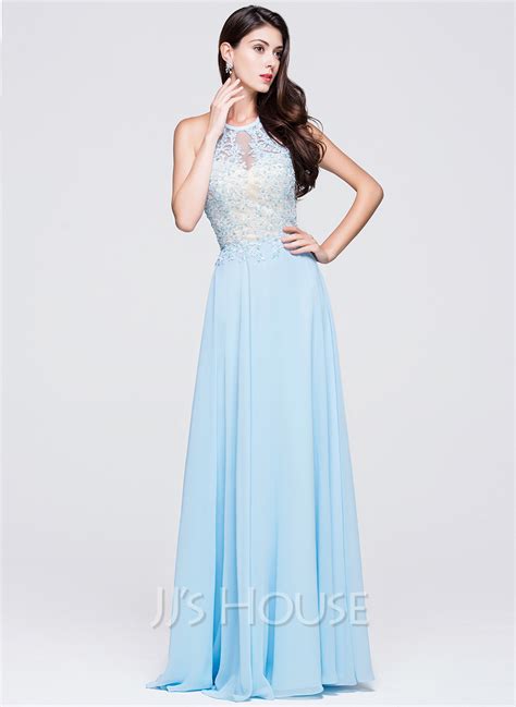 A Lineprincess Scoop Neck Floor Length Chiffon Prom Dresses With
