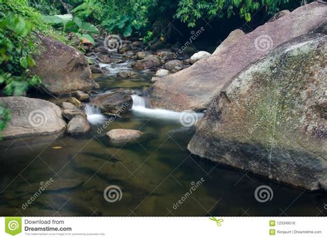 Waterfall With Stone Of Green Moss In Rain Forest