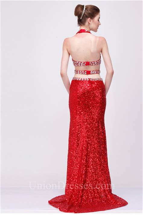 Sexy Halter Cut Out Backless Red Sequin Sparkly Evening Prom Dress