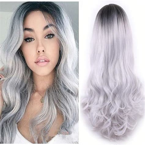 aneshe ombre wig long wavy 2 tone black and grey ombre wig dark roots heat
