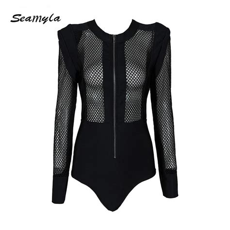Seamyla Sexy Hollow Out Bandage Jumpsuits Black Sheer Mesh Bodysuits