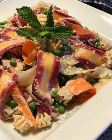 Rainbow Ribbon Carrot Salad With Pasta And Peas · The Crafty Boomer