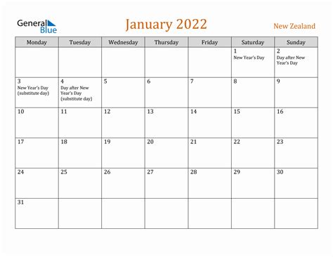 Free January 2022 New Zealand Calendar