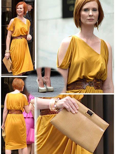 Miranda Hobbes In Mustard Colored Bottega Veneta Dress Vintage Belt