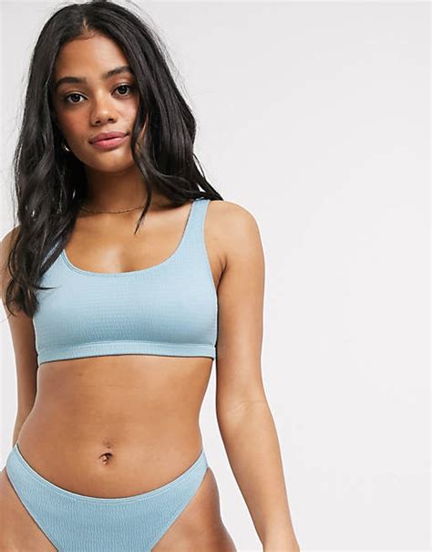 Monki Textured Scoop Neck Bikini Top In Dusty Blue Asos