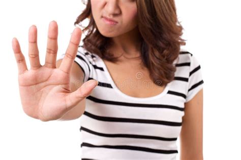 Woman With Stop Reject Refuse Forbid Negative Hand Sign Stock Photo