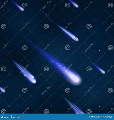 Falling Meteors Or Comets On Cosmic Sky Backdrop Realistic Vector