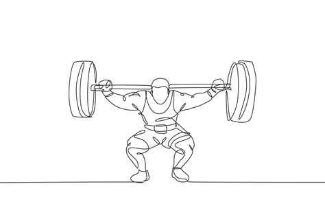 Single Continuous Line Drawing Of Young Strong Weightlifter Man