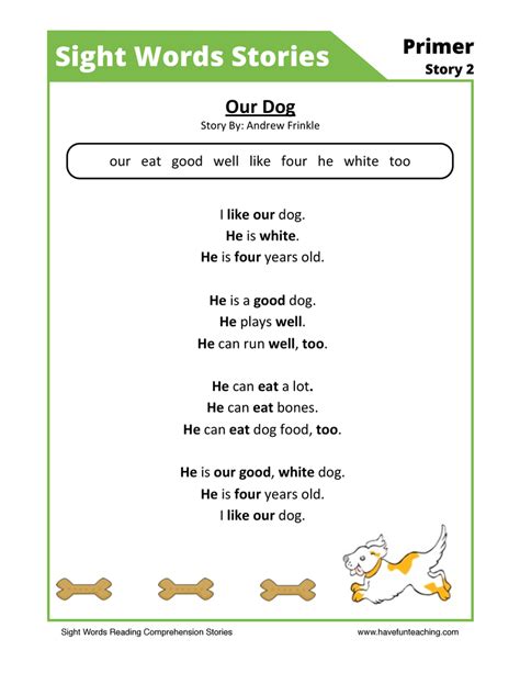 Our Dog Primer Sight Words Reading Comprehension Worksheet By Teach Simple