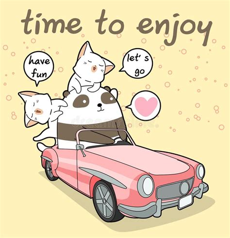 Kawaii Panda Is Driving A Pink Car With 2 Cats Stock Vector