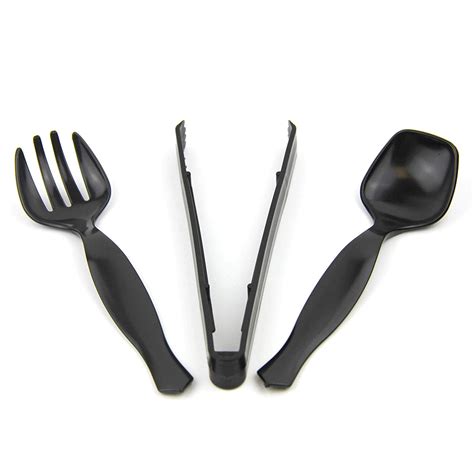 30 Pack 10 X 9 Spoons 10 X 9 Forks 10 X 9 Tongs Combo Black
