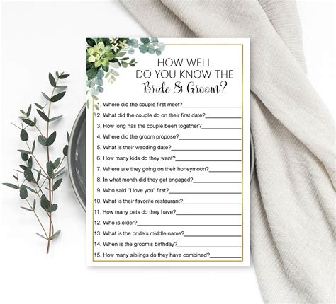 How Well Do You Know The Bride And Groom Greenery Bridal Shower Game Printable Who Knows The
