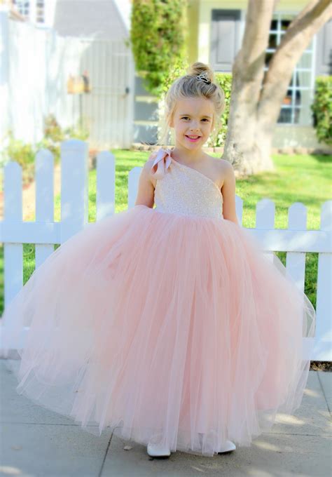 Blush Pink One Shoulder Sequins Tutu Flower Girl Dress 182 One