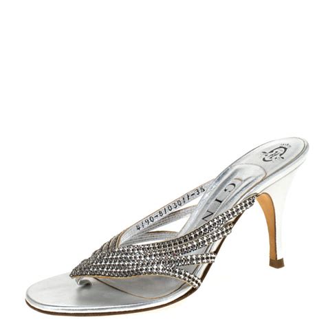 Gina Silver Crystal Embellished Leather Sandals Size 365 Gina Tlc