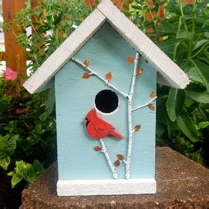 Handmade Wood Birdhouse With Hand Painted Cardinal And Birch Trees