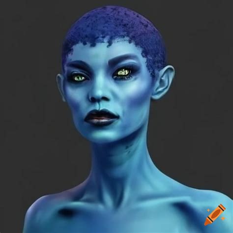Digital Art Of A Blue Skinned Alien Woman With Short Black Hair