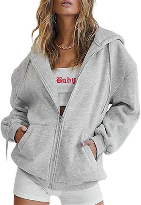 Womens Oversized Full Zip Drawstring Hoodies Sweatshirts Long Sleeve