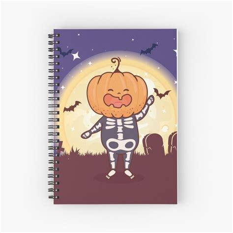 Skeleton With Head Pumpkin Happy Halloween Spiral Notebook For Sale