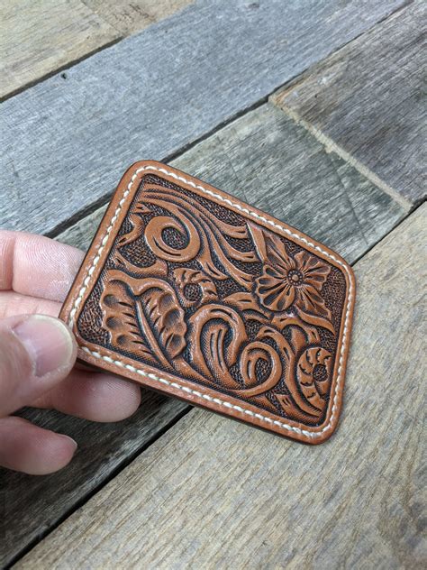 Hand Tooled Leather Front Pocket Wallet With Western Flower Art Slim