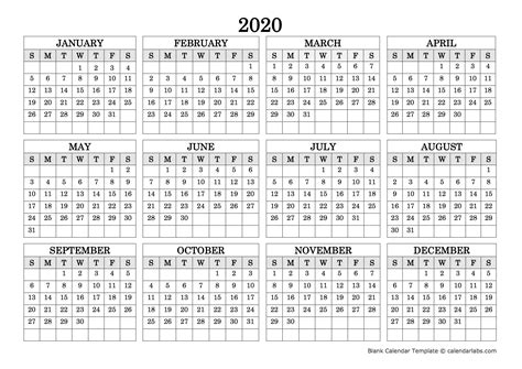 2020 Blank Yearly Calendar Landscape Free Printable Templates