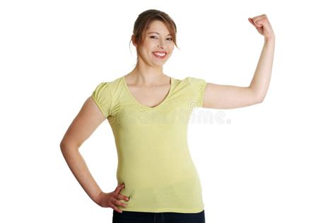 Cute Young Smiling Woman Showing Her Biceps Stock Photo Image Of