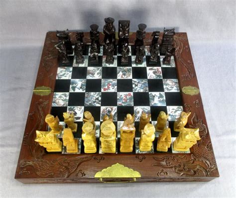 Vtg Oriental Hand Carved Wood Chess Set W Folding Inlaid Board Dragon