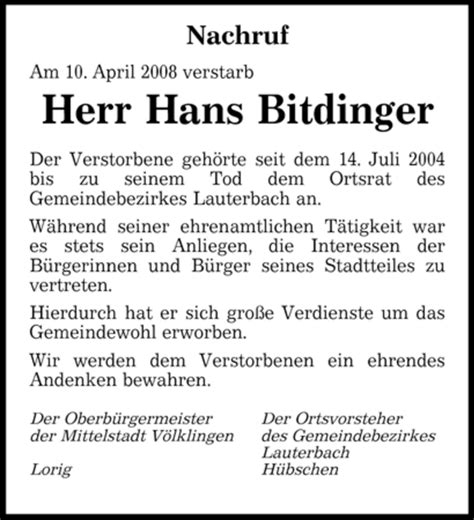 Traueranzeigen Von Hans Bitdinger Saarbruecker Zeitung Trauer De