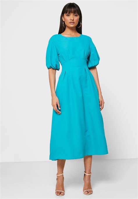 Buy Ella Blue Puffed Sleeve Midi Dress For Women In Manama Riffa