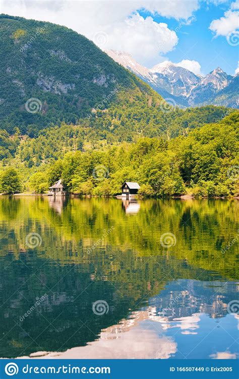 Scenery Of Wooden Houses At Bohinj Lake In Slovenia Stock Image Image