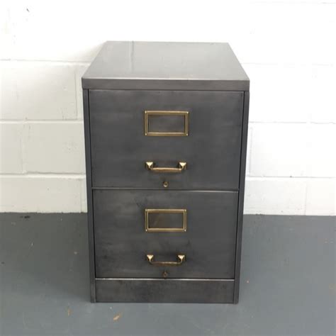 Graphite rolling file cabinet with glass top. 2 drawer vintage stripped steel filing cabinet with brass ...