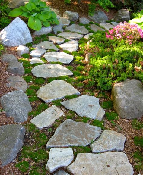 Stepping Stone Walkway With Moss Rustic Garden New York By