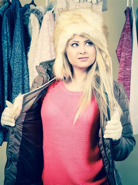 Woman Picking Winter Outfit In Wardrobe Stock Image Image Of Outfit