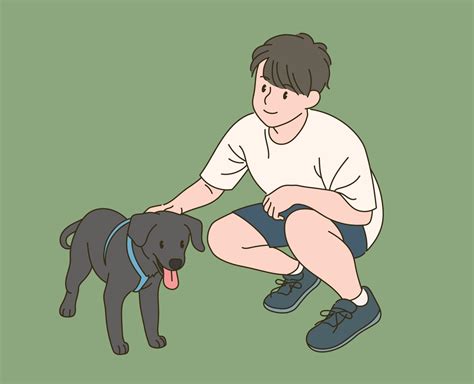 Boy Petting A Little Dog Hand Drawn Style Vector Design Illustrations