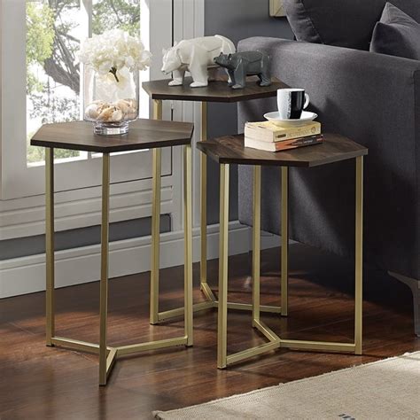 Ember Interiors Modern Wood Nesting Tables Faux White Marblegold Set