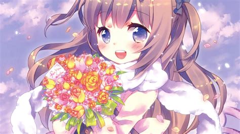 Desktop Wallpaper Anime Girl Cute Flowers Bouquet Hd