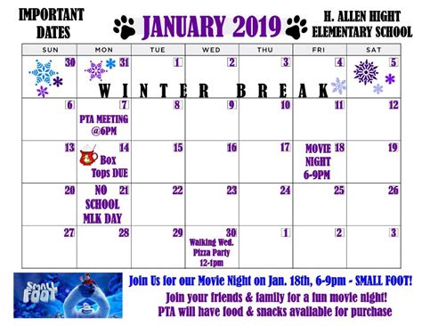 Important Dates In January H Allen Hight Elementary