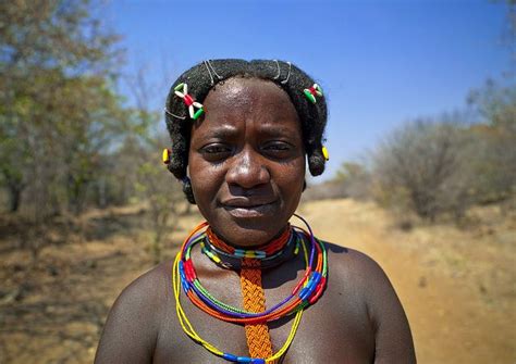 Mudimba Woman With Traditional Hairstyle Wearing Beaded Necklaces Angola Traditional
