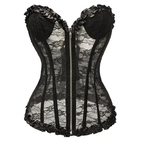 New Zipper Lace Up Back See Through Overbust Sexy Black Floral Lace