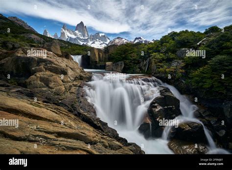 Waterfall Overlooking Mount Fitz Roy Stock Photo Alamy