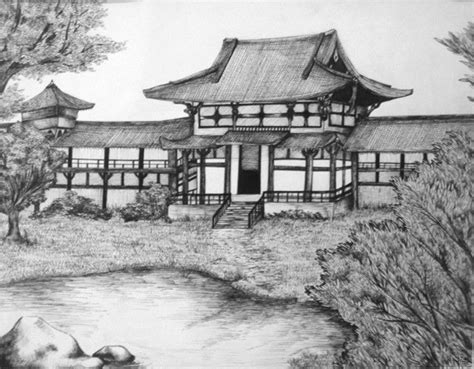 The artist produced a master drawing in ink on a thin sheet of paper; japanese style house, how to draw people, black and white, pencil sketch, trees and a lake ...